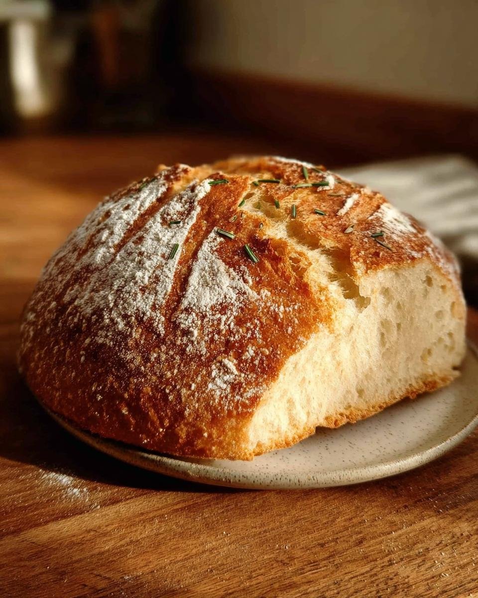 Ein Laib Dumm Brot – Einfaches Rezept mit 7 Zutaten mit goldbrauner Kruste, bestäubt mit Mehl und Kräutern, auf einem Teller.