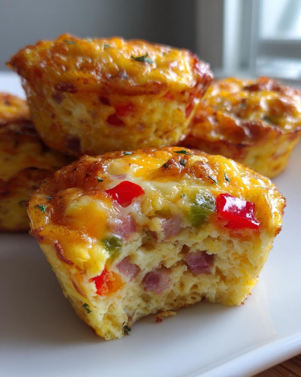 Nahaufnahme von Easy Egg Muffins mit Schinkenstücken und bunten Paprikawürfeln, einer davon angebissen.
