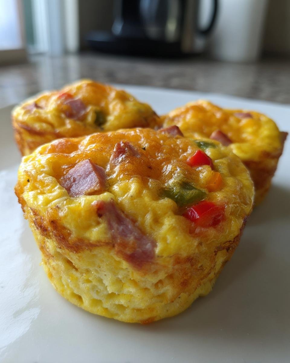 Drei saftige Easy Egg Muffins mit Schinkenwürfeln und bunten Paprikastücken auf einem weißen Teller.