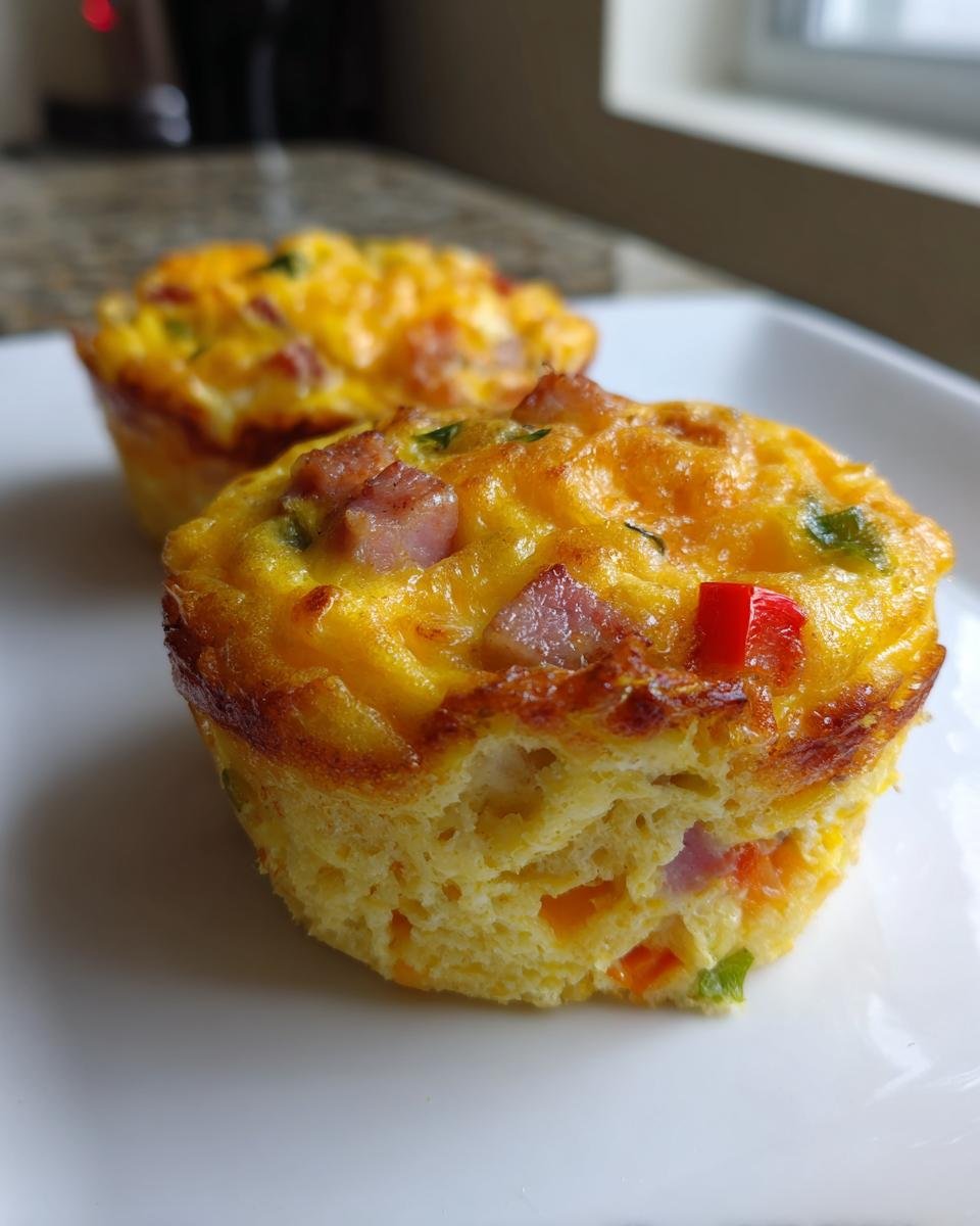 Nahaufnahme von zwei herzhaften Easy Egg Muffins mit Schinken und Gemüse auf einem weißen Teller.