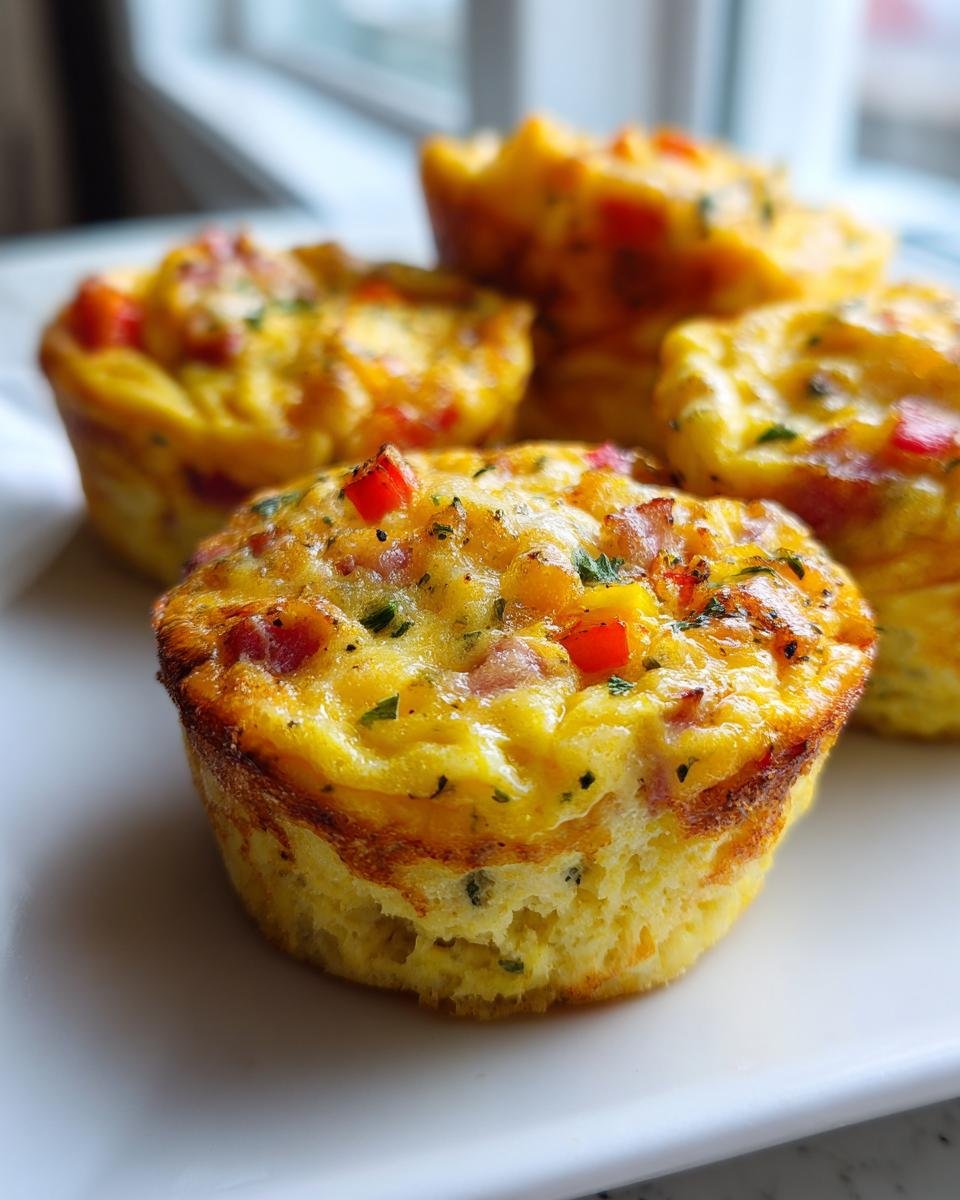 Fünf goldbraune Easy Egg Muffins mit roten Paprikastücken und Kräutern auf einem weißen Teller.