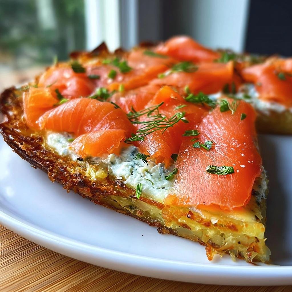 Ein Stück Einfache Kartoffelpizza mit geräuchertem Lachs, Frischkäse und Kräutern auf einem weißen Teller.