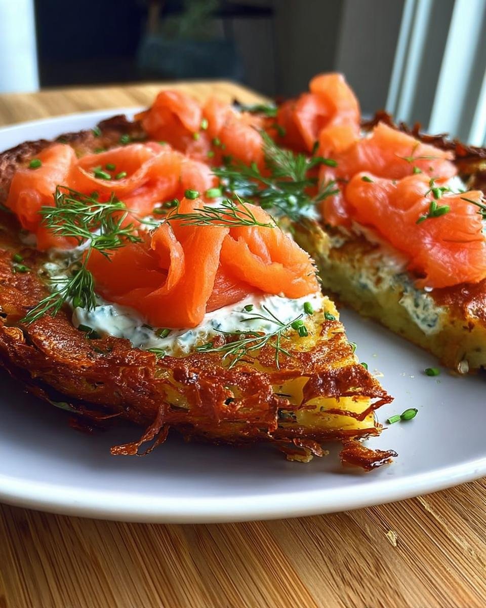Nahaufnahme einer Scheibe Einfache Kartoffelpizza mit geräuchertem Lachs, Frischkäse und Dill auf einem weißen Teller.