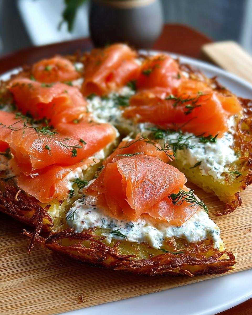 Anschnitt der Einfache Kartoffelpizza mit geräuchertem Lachs und Kräuterquark auf einem Holzbrett.