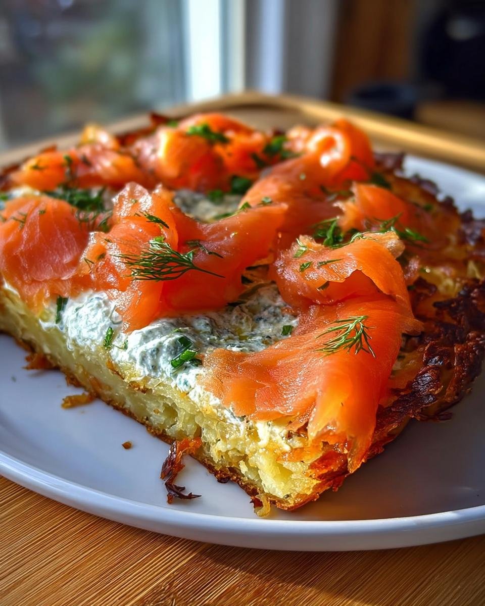 Nahaufnahme eines Stücks Einfache Kartoffelpizza mit geräuchertem Lachs und Kräuterquark auf einem weißen Teller.