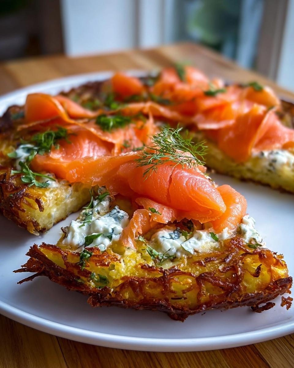 Ein Stück der Einfache Kartoffelpizza mit geräuchertem Lachs und Frischkäse auf einem weißen Teller.
