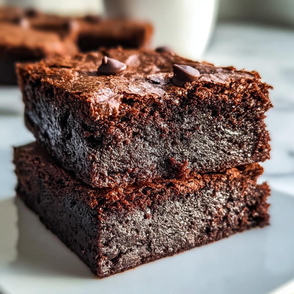 Nahaufnahme von zwei gestapelten, saftigen Einfache zuckerfreie Brownies mit griechischem Joghurt, garniert mit Schokotropfen.