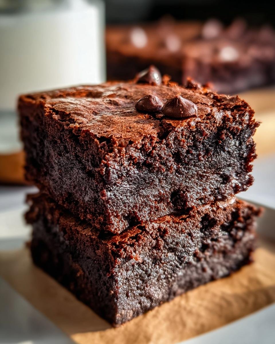 Zwei gestapelte, saftige Einfache zuckerfreie Brownies mit griechischem Joghurt, garniert mit Schokotropfen.