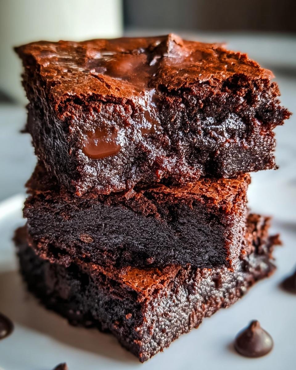 Stapel von drei saftigen, dunklen Einfache zuckerfreie Brownies mit griechischem Joghurt, die innen noch leicht flüssig sind.