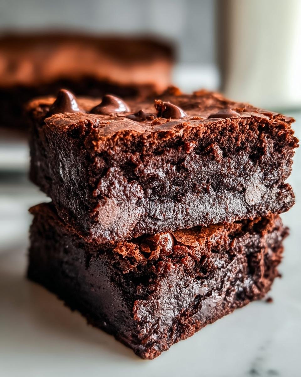 Nahaufnahme von zwei gestapelten, saftigen Einfache zuckerfreie Brownies mit griechischem Joghurt und geschmolzenen Schokoladenstückchen.