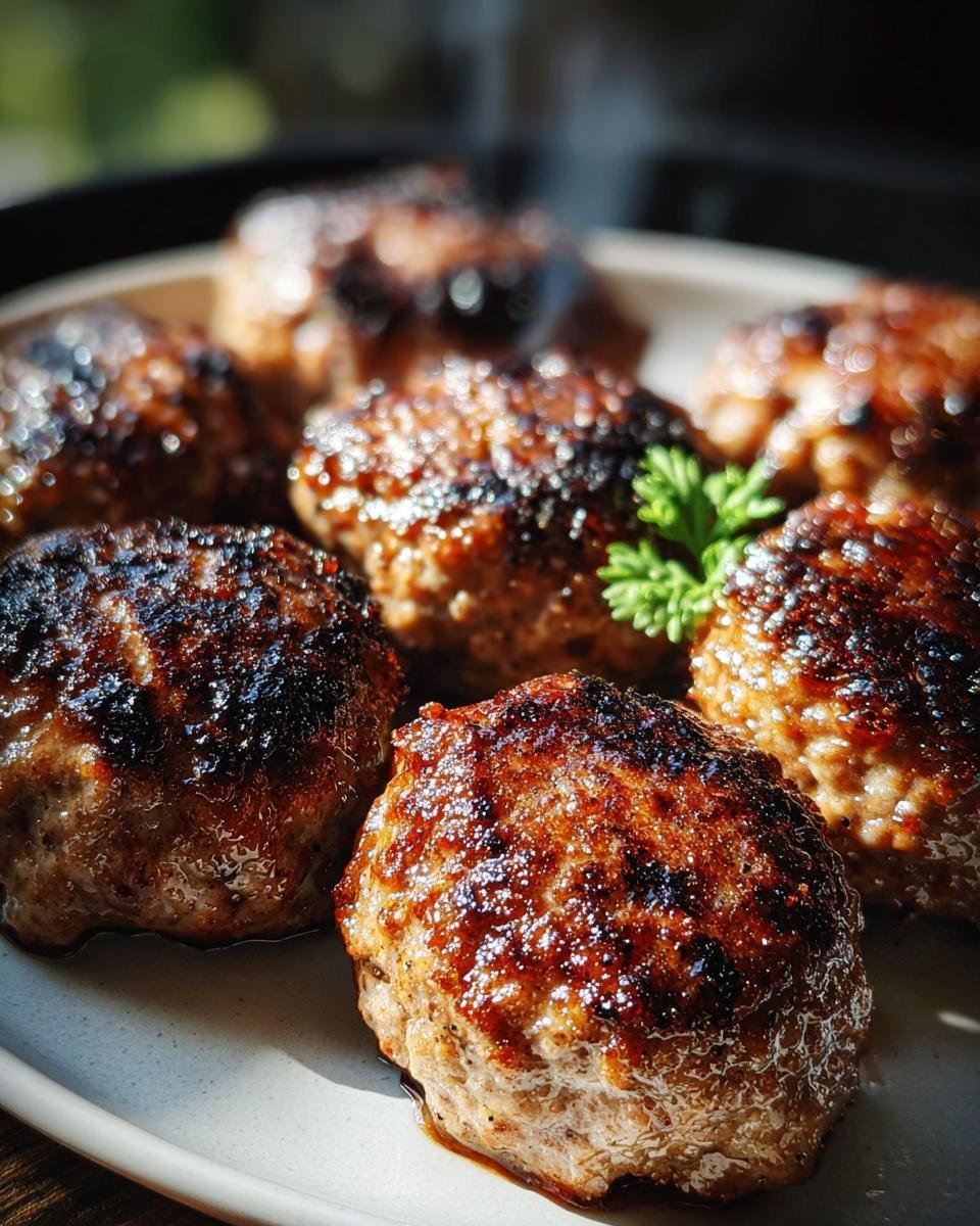 Mehrere goldbraun gebratene Frikadellen aus der Heißluftfritteuse dampfen leicht auf einem Teller.