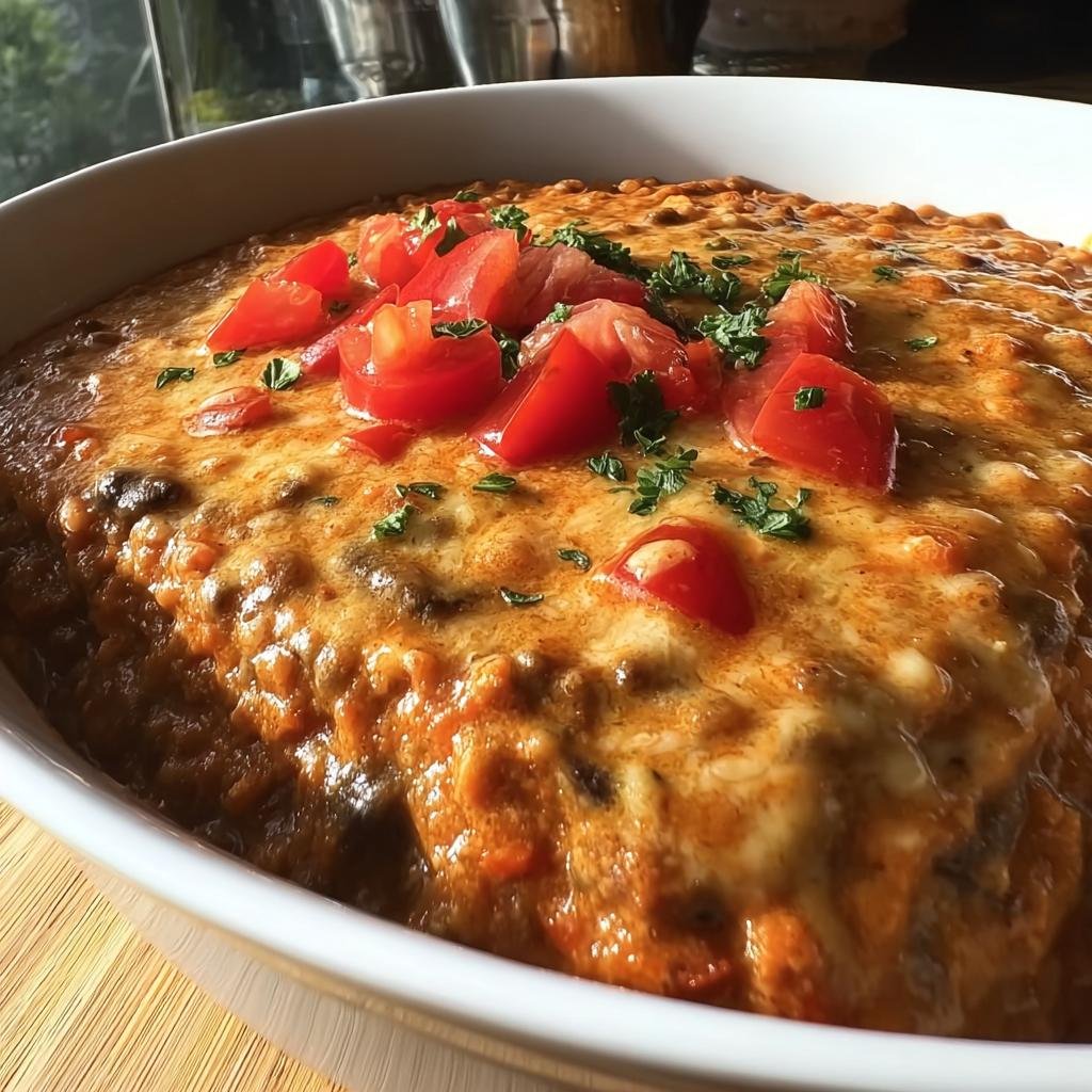 Nahaufnahme des fertigen Mafia Topf Gerichts in einer weißen Auflaufform, bedeckt mit geschmolzenem Käse und frischen Tomatenstücken.