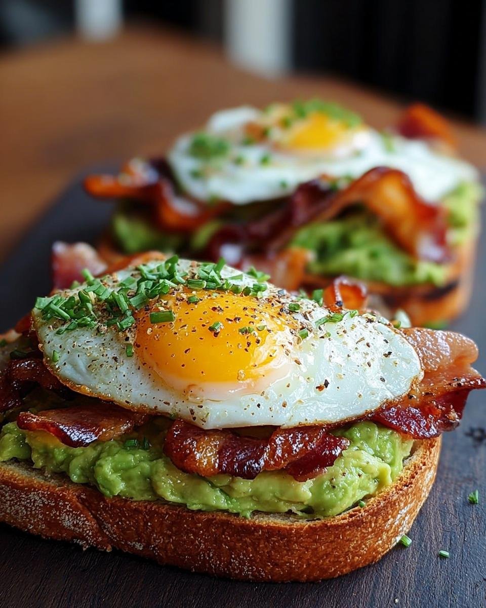 Nahaufnahme von Avocado-Toast mit Speck und Ei, garniert mit Schnittlauch.