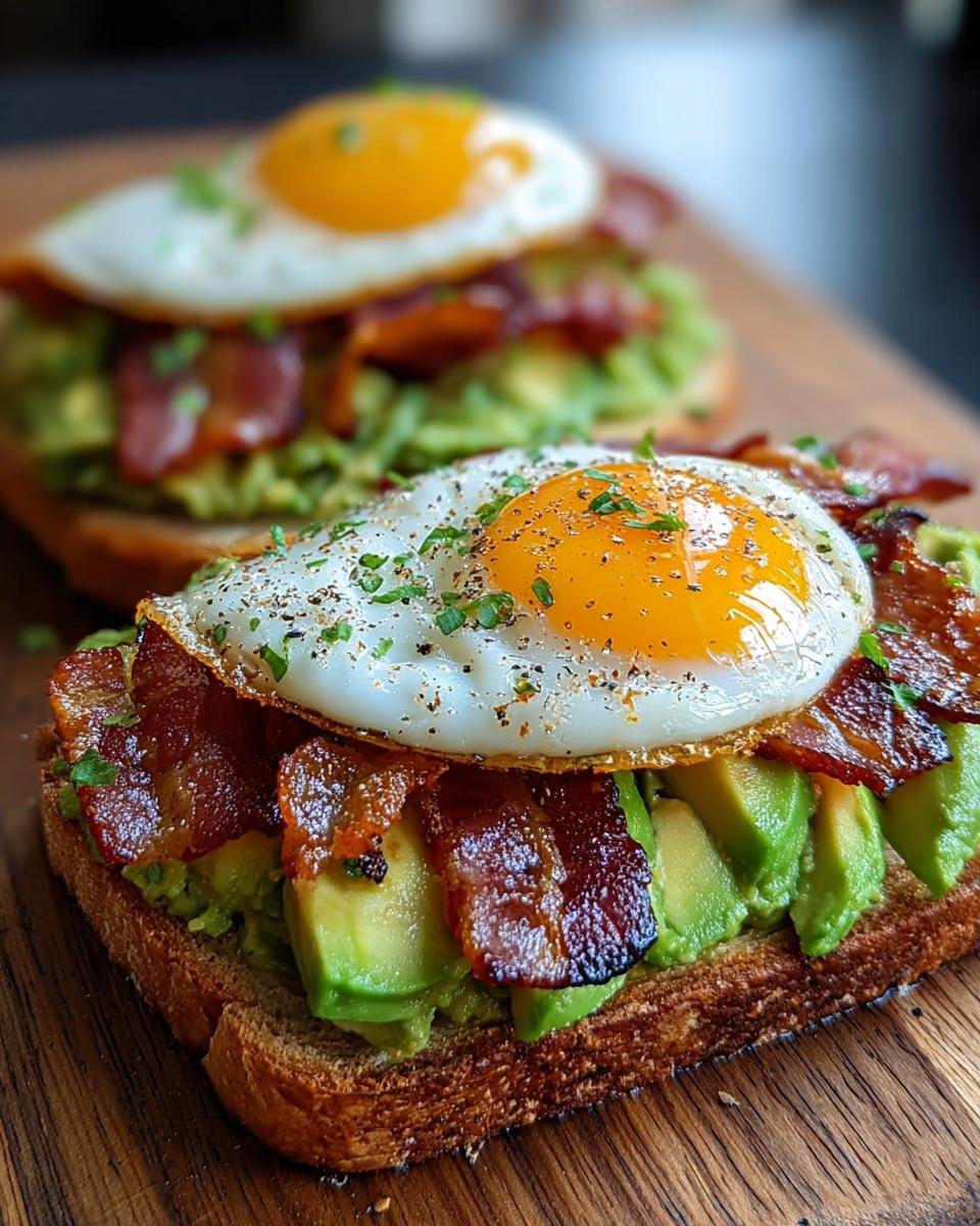 Nahaufnahme von zwei Scheiben Avocado-Toast mit Speck und Spiegelei, das perfekte Avocado-Toast mit Speck und Ei.