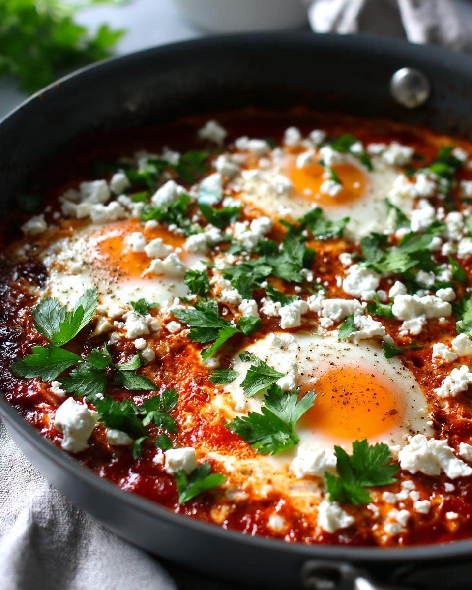Nahaufnahme von köchelndem Shakshuka mit pochierten Eiern, zerbröseltem Feta und frischer Petersilie in einer dunklen Pfanne.