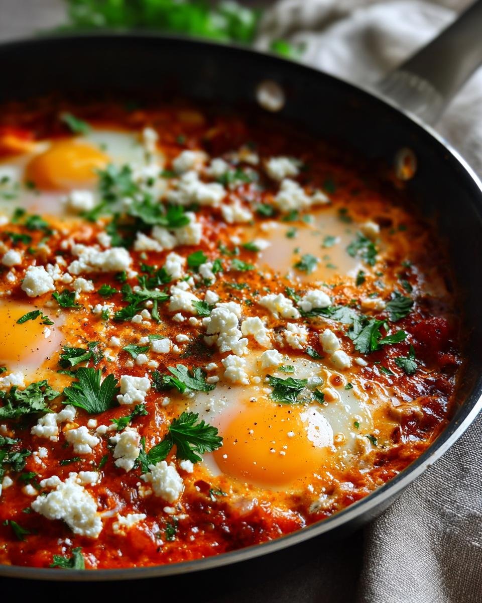 Nahaufnahme von köchelndem Shakshuka mit pochierten Eiern, zerbröseltem Feta und frischer Petersilie in einer schwarzen Pfanne.