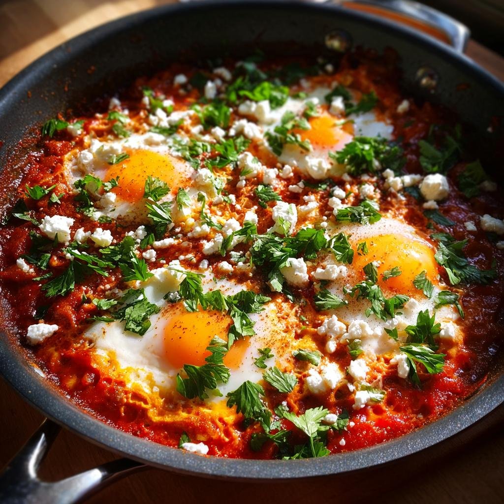 Nahaufnahme von fertigem Shakshuka im Pfännchen, garniert mit zerbröseltem Feta und frischer Petersilie.