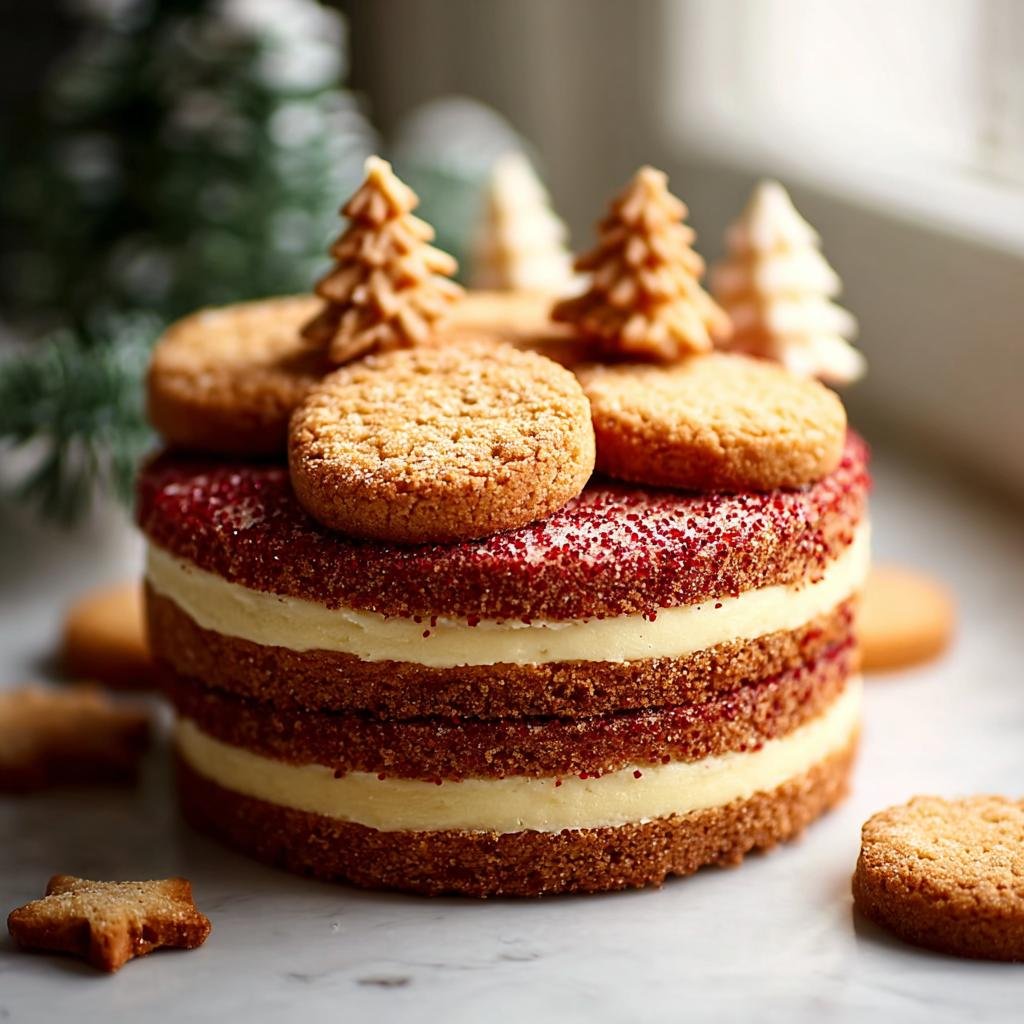A small, festive layer cake decorated with cookies and miniature Christmas trees, perfect for Xmas Desserts.