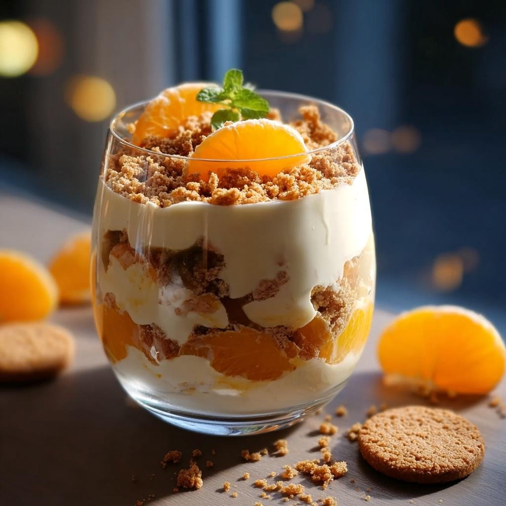 Festliche Spekulatius Mandarinen Quark Creme Schichtdessert in einem Glas, garniert mit Mandarinen und Minze.