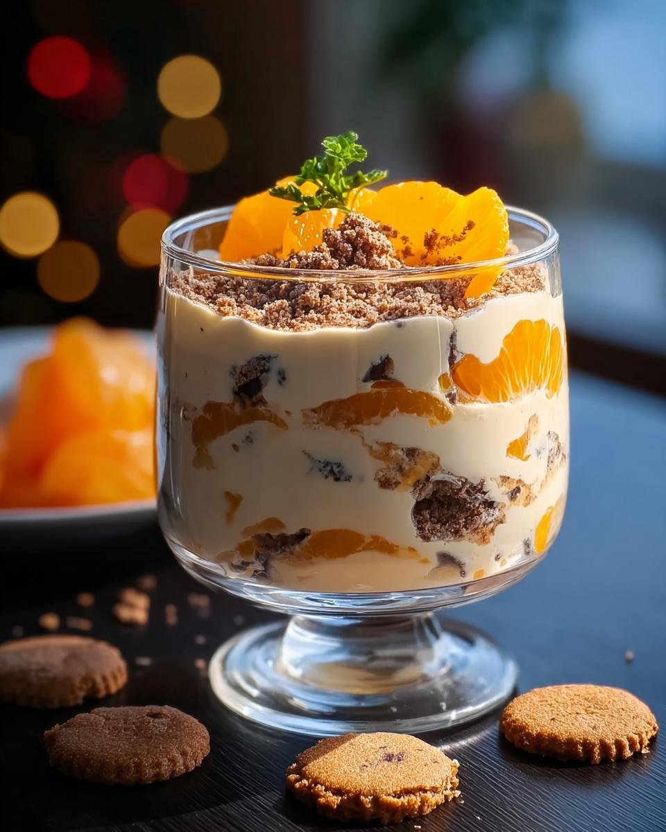 Festliche Spekulatius Mandarinen Quark Creme Schichtdessert in einem Glas, garniert mit Mandarinen und Keksbröseln.