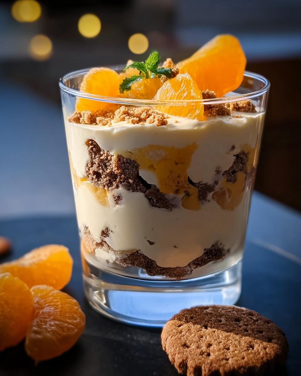Festliche Spekulatius Mandarinen Quark Creme geschichtet in einem Glas, garniert mit Mandarinen und Minze.