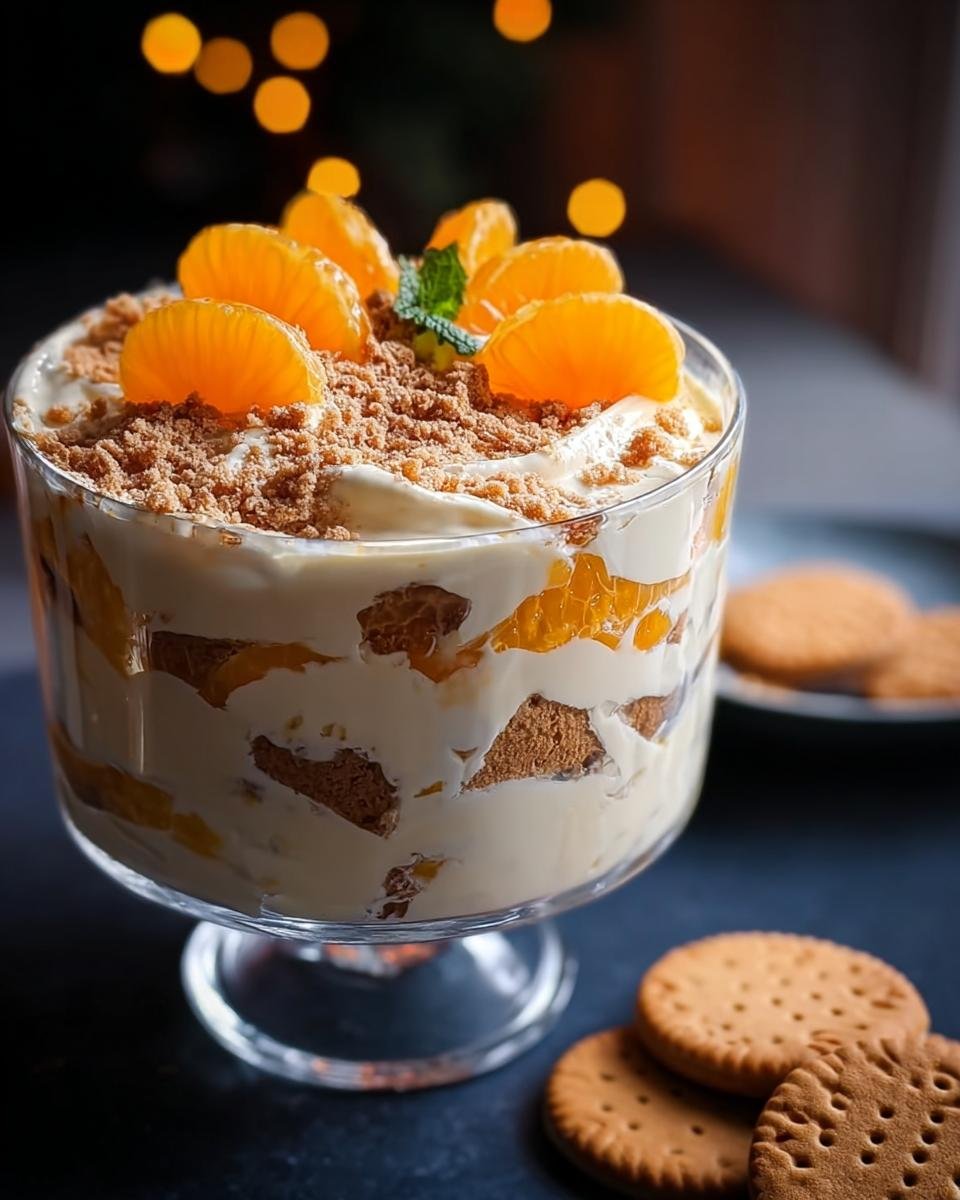 Festliche Spekulatius Mandarinen Quark Creme in einem Glas, garniert mit Mandarinen und Keksbröseln.