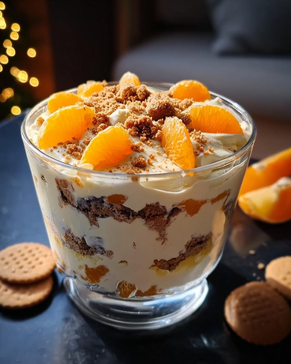 Festliche Spekulatius Mandarinen Quark Creme geschichtet in einem Glas, garniert mit Mandarinenstücken und Keksbröseln.