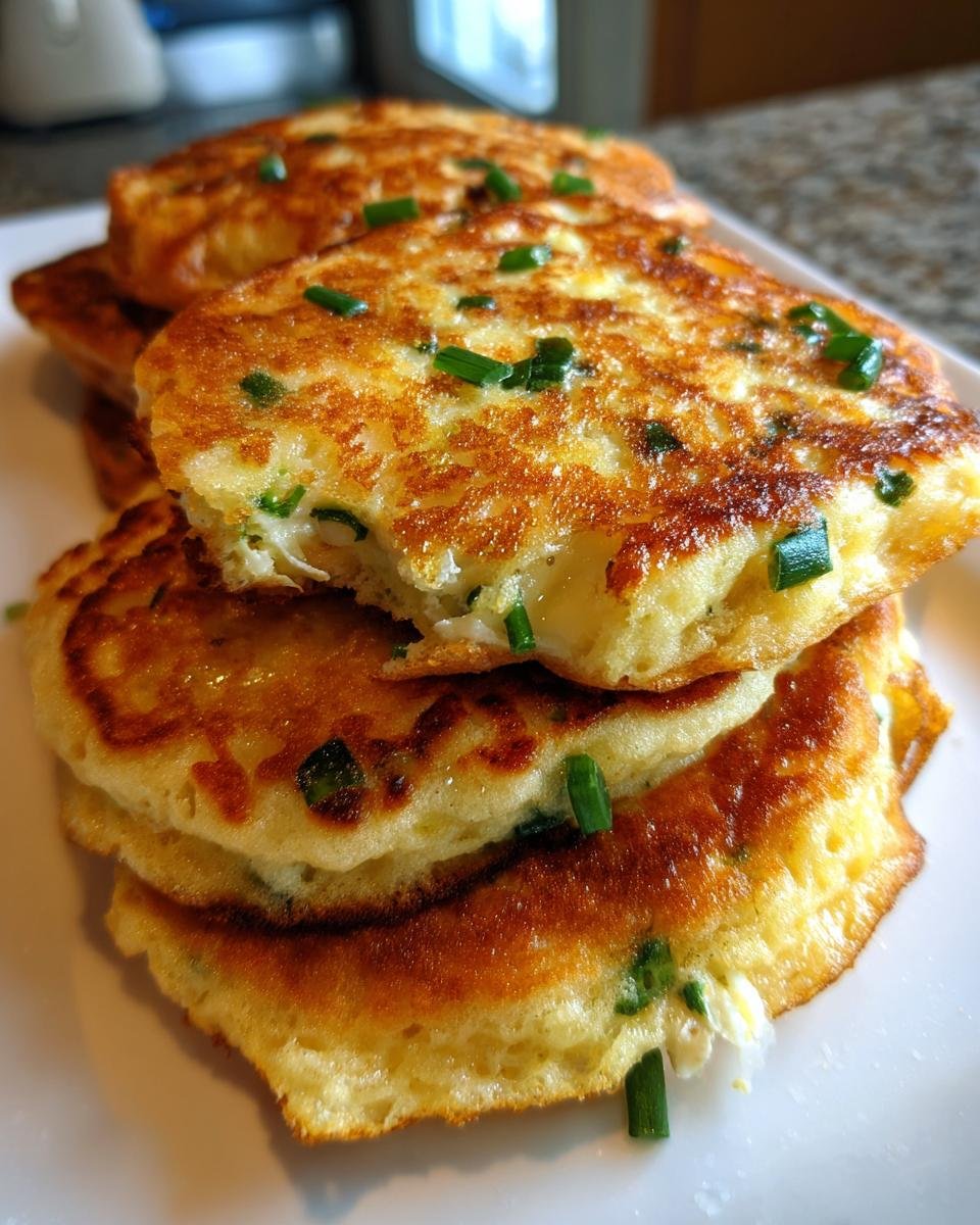 Stapel von fluffigen Käse Schnittlauch Pfannkuchen, goldbraun gebraten und mit Schnittlauch bestreut.