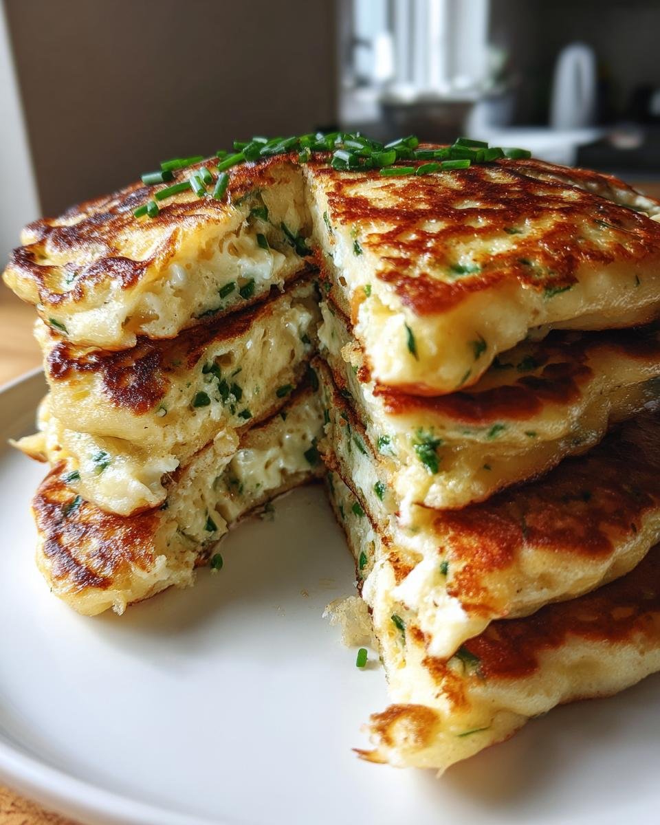 Stapel von fluffigen Käse Schnittlauch Pfannkuchen, innen cremig und außen goldbraun, garniert mit frischem Schnittlauch.