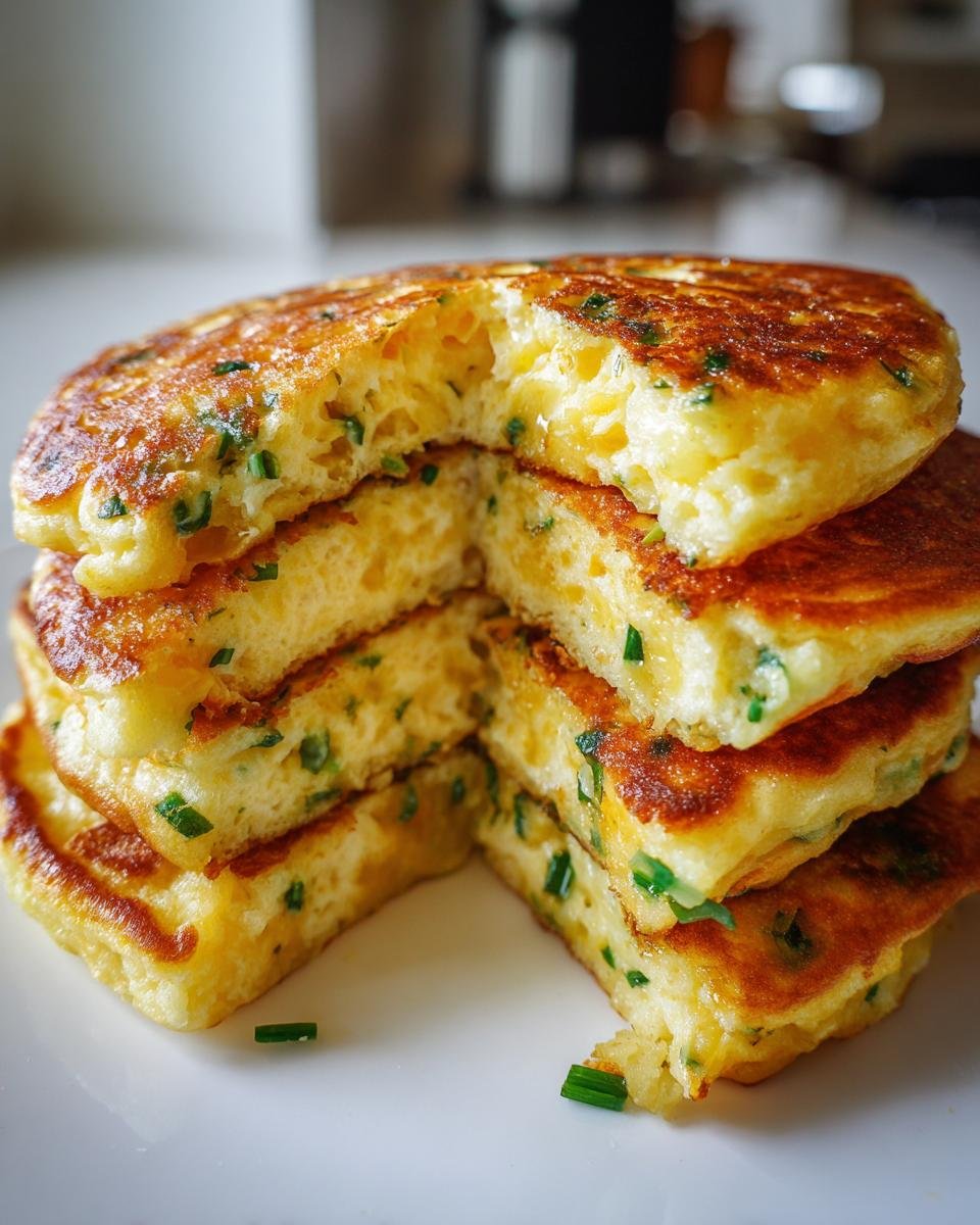 Ein Stapel fluffiger Käse Schnittlauch Pfannkuchen, angeschnitten, um die luftige Textur zu zeigen.