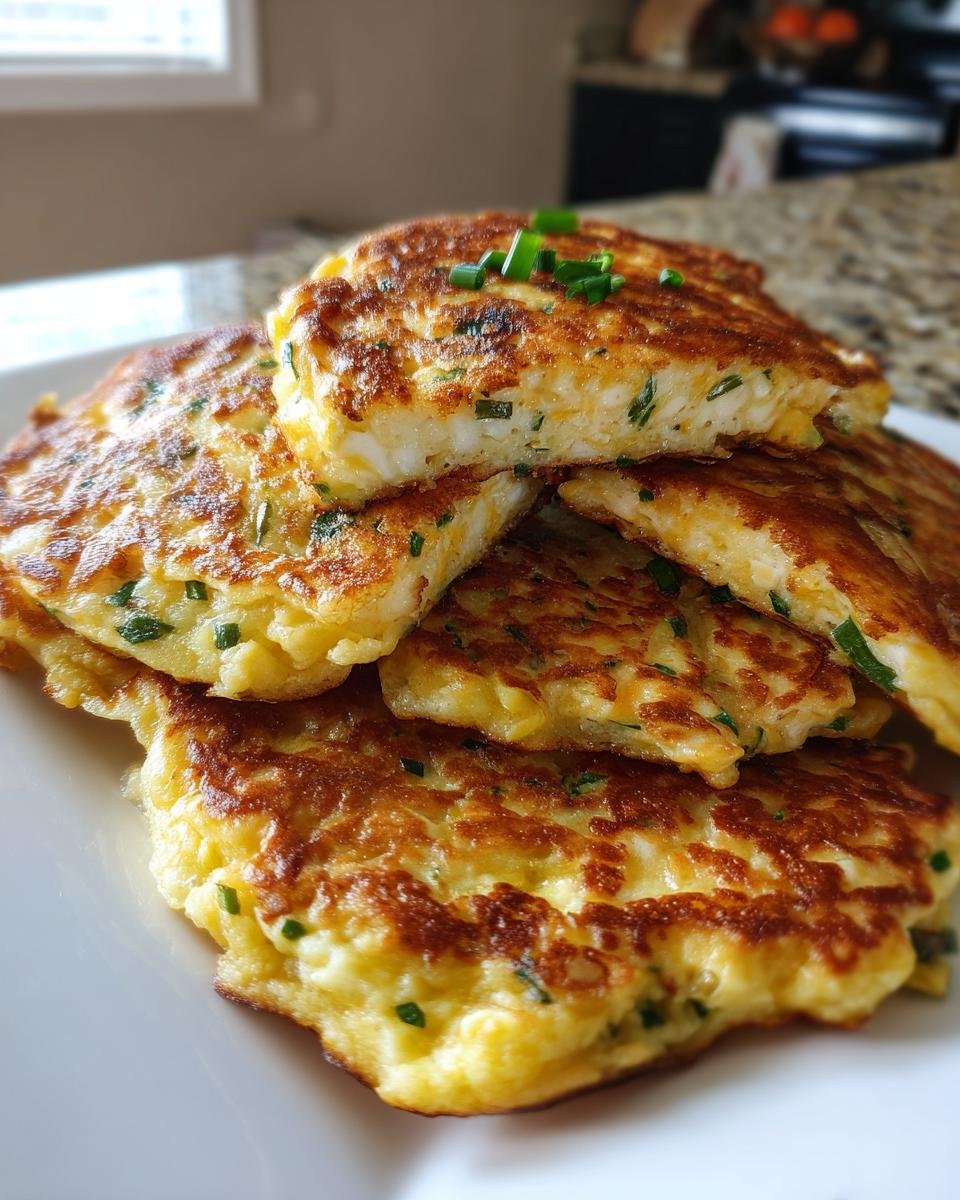 Stapel von fluffigen Käse Schnittlauch Pfannkuchen, goldbraun gebraten und mit frischem Schnittlauch garniert.