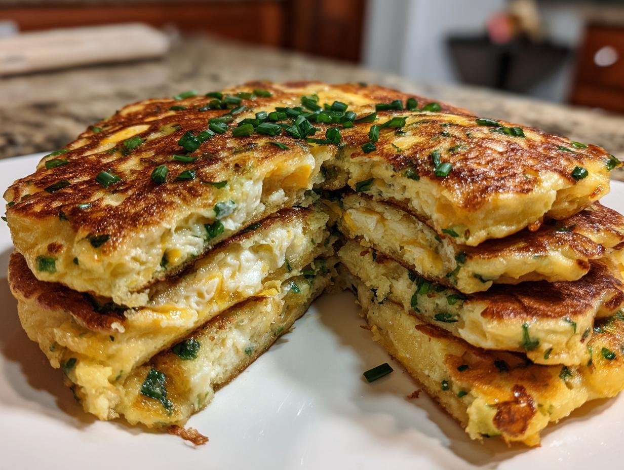 Stapel von fluffigen Käse Schnittlauch Pfannkuchen, aufgeschnitten und mit frischem Schnittlauch garniert.