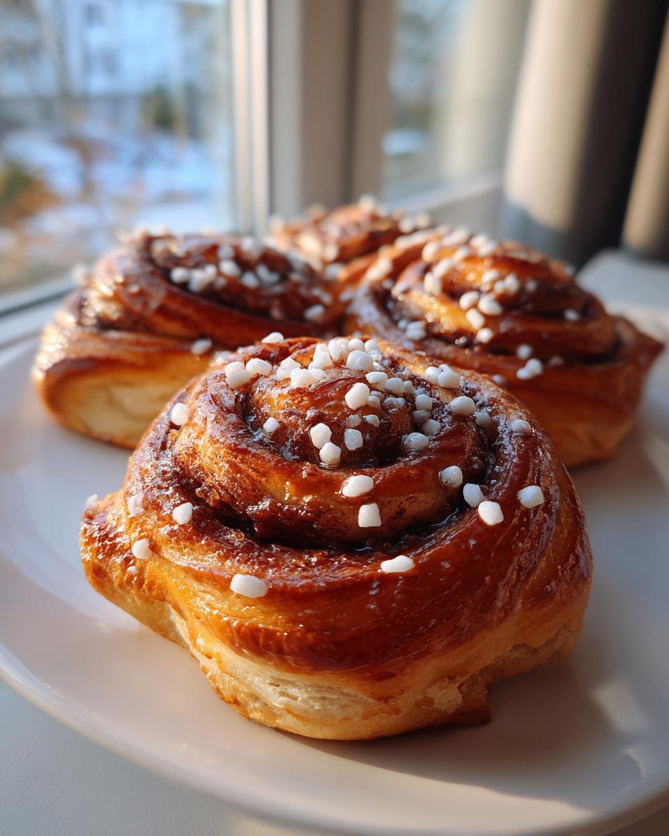 Nahaufnahme von fluffigen Kanelbulle, bestreut mit weißem Hagelzucker, auf einem weißen Teller.