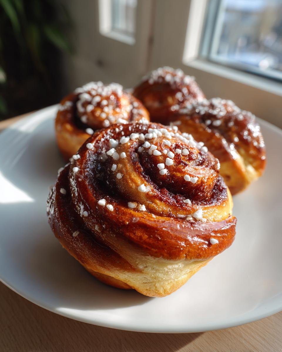 Nahaufnahme von fluffigen Kanelbulle, bestreut mit weißem Hagelzucker, auf einem weißen Teller.
