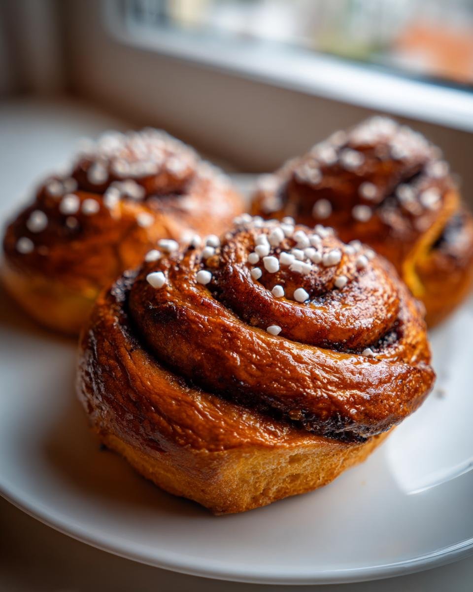 Nahaufnahme von fluffigen Kanelbulle – Original schwedisches Rezept für Zimtschnecken – auf einem weißen Teller.