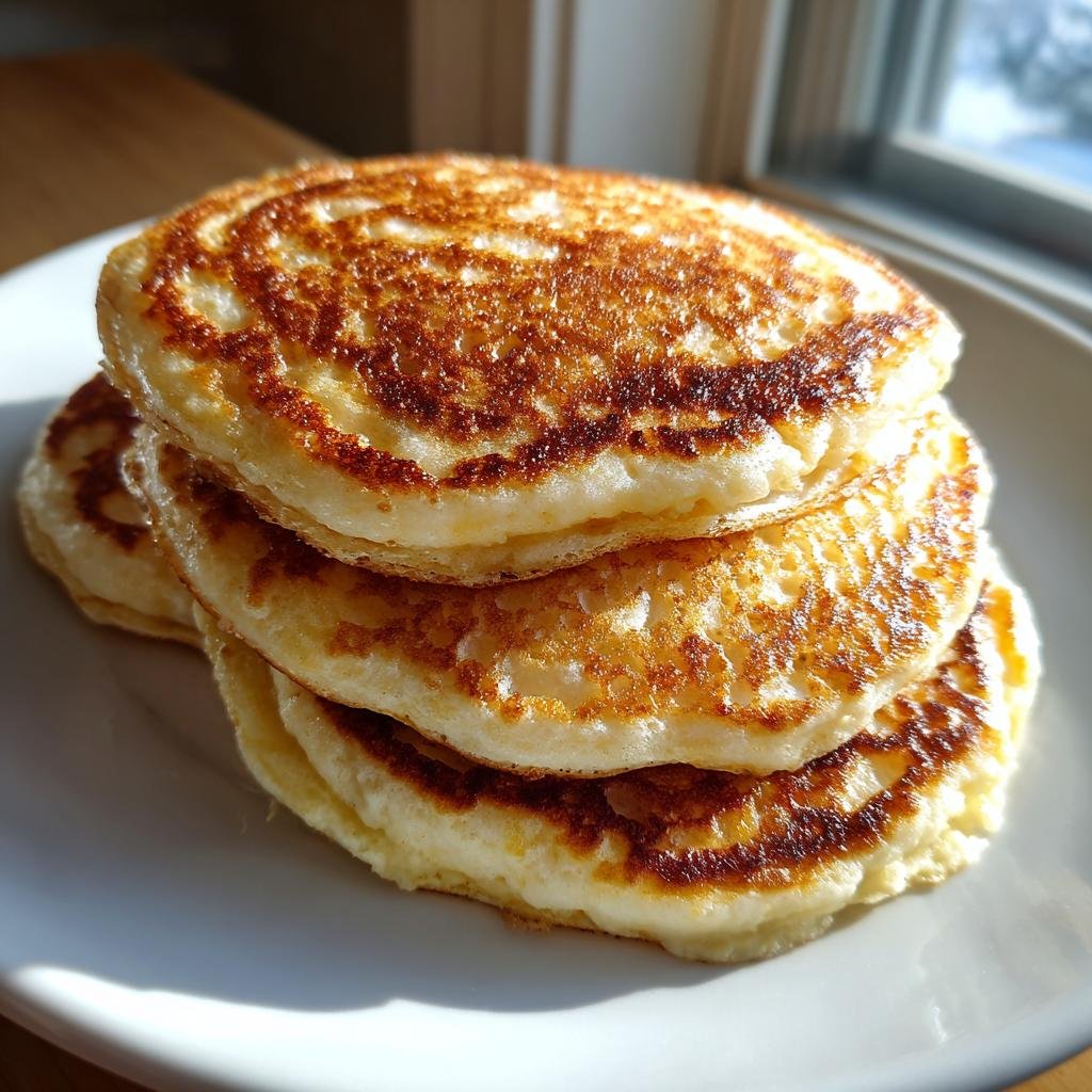 Stapel von drei fluffigen Quark-Pfannkuchen ohne Mehl mit goldbrauner Kruste auf einem weißen Teller.
