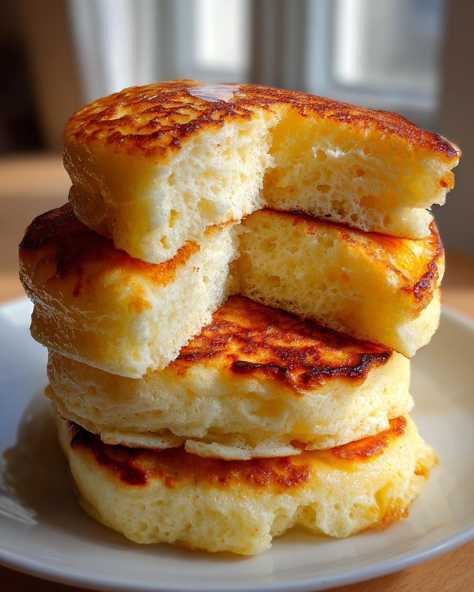 Stapel von fluffigen Quark-Pfannkuchen ohne Mehl, wobei der oberste angeschnitten ist, um die luftige Textur zu zeigen.