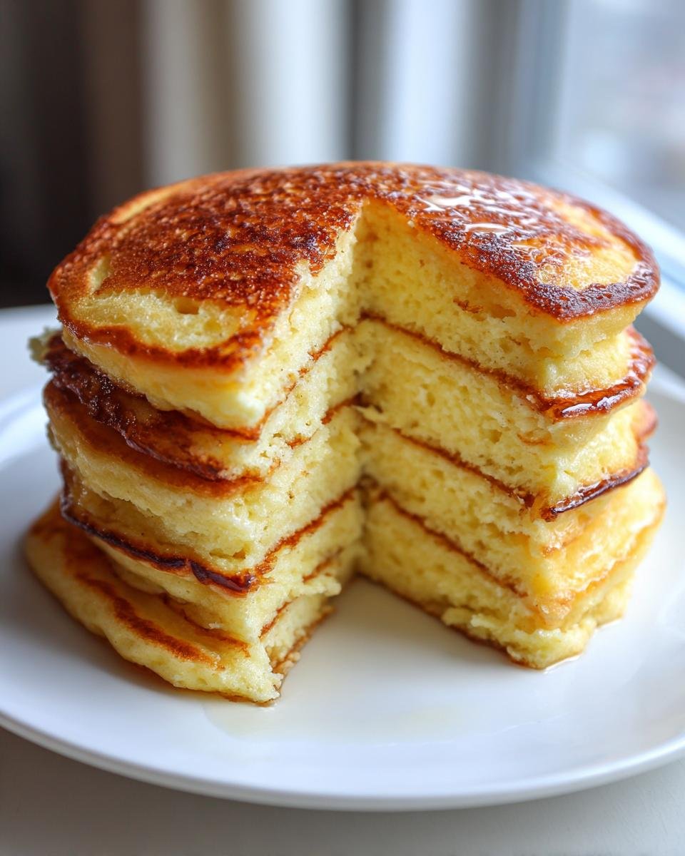 Ein hoher Stapel fluffiger Quark-Pfannkuchen ohne Mehl, mit einem Stück herausgeschnitten, beträufelt mit Sirup.