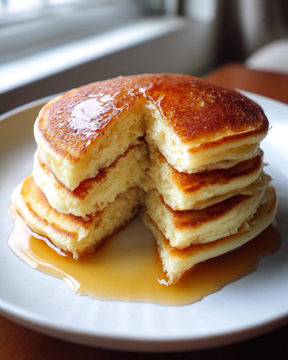 Stapel fluffige Quark-Pfannkuchen ohne Mehl mit einem Stück herausgeschnitten, bedeckt mit Ahornsirup.