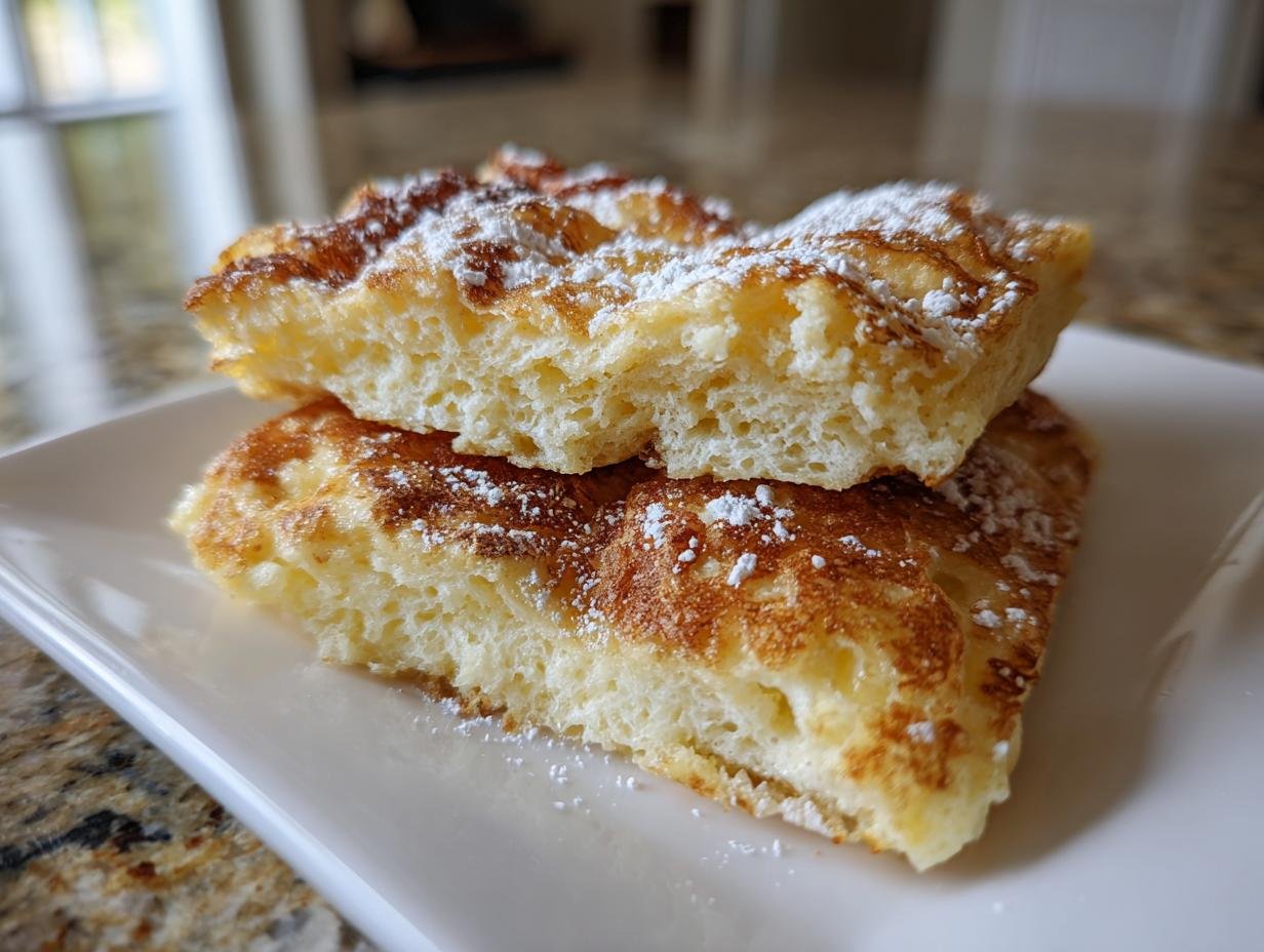 Zwei gestapelte Stücke fluffige Quarkwaffeln ohne Butter, bestäubt mit Puderzucker, die die lockere Textur zeigen.