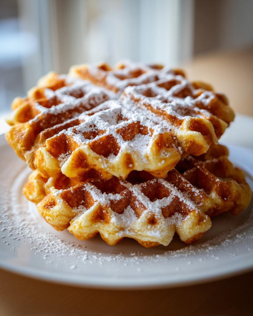 Stapel von fluffigen Quarkwaffeln ohne Butter, bestäubt mit Puderzucker auf einem weißen Teller.