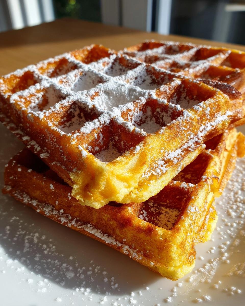 Zwei goldbraune, fluffige Quarkwaffeln, bestreut mit Puderzucker, auf einem weißen Teller.