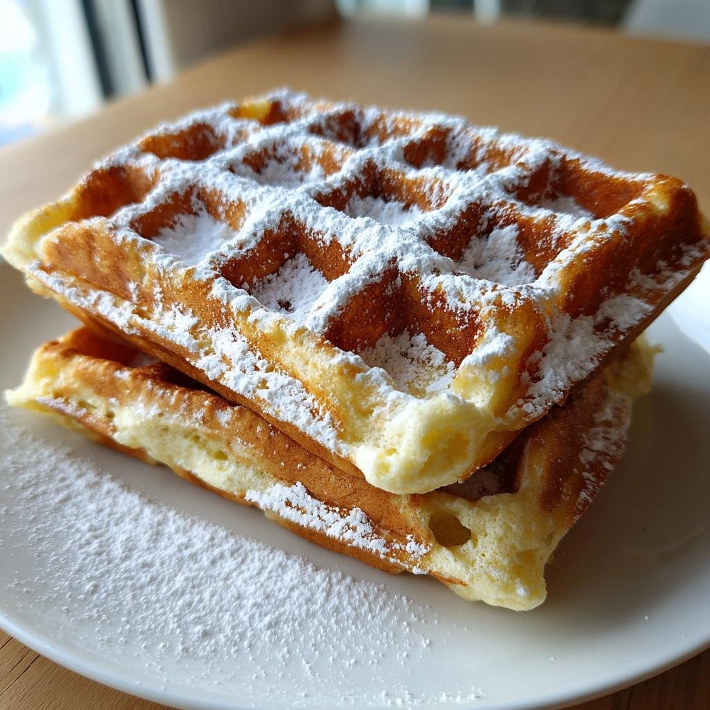 Zwei gestapelte, fluffige Quarkwaffeln, großzügig mit Puderzucker bestäubt, auf einem weißen Teller.