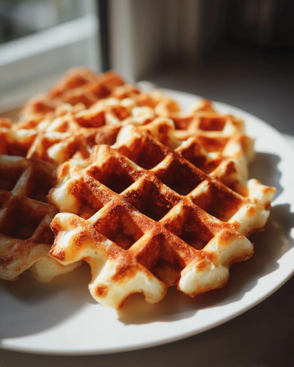 Nahaufnahme von fluffigen Vanille Waffeln mit goldbraunen Rändern auf einem weißen Teller, beleuchtet durch Sonnenlicht.