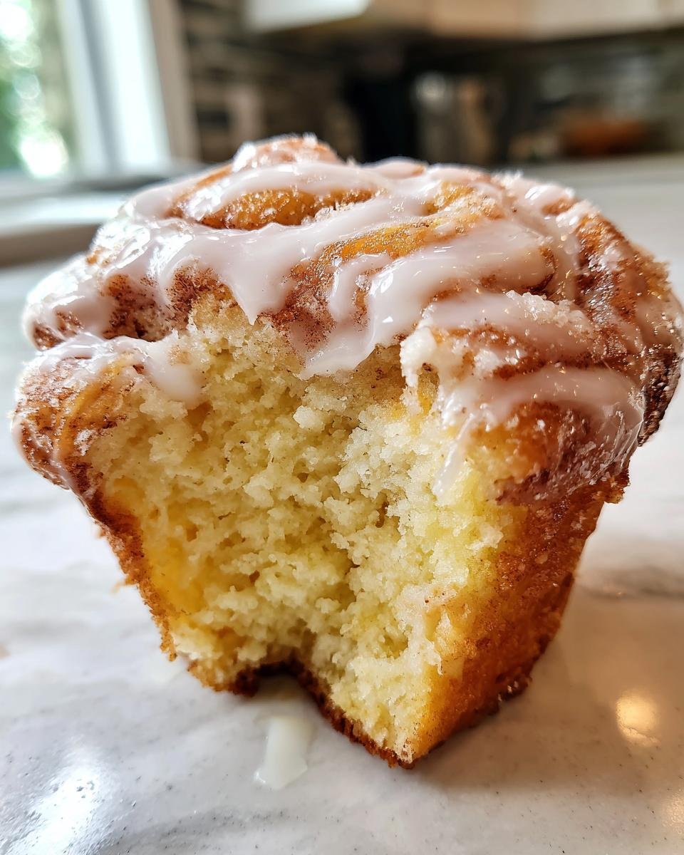 Nahaufnahme eines fluffigen Zimtschnecken Muffins mit Zuckerguss, von dem ein Bissen genommen wurde.