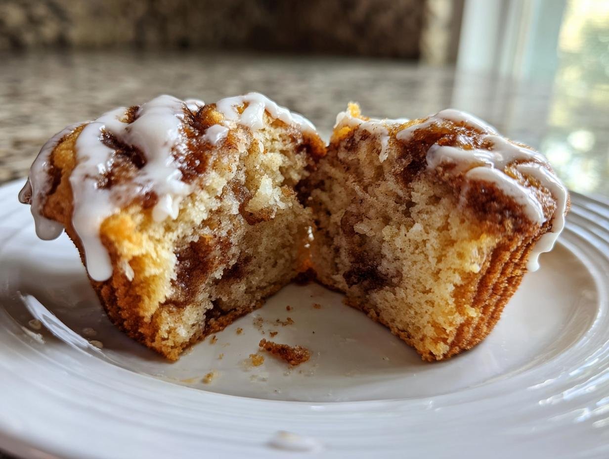 Nahaufnahme von fluffigen Zimtschnecken Muffins, halbiert, mit sichtbarer Zimtfüllung und weißem Zuckerguss.