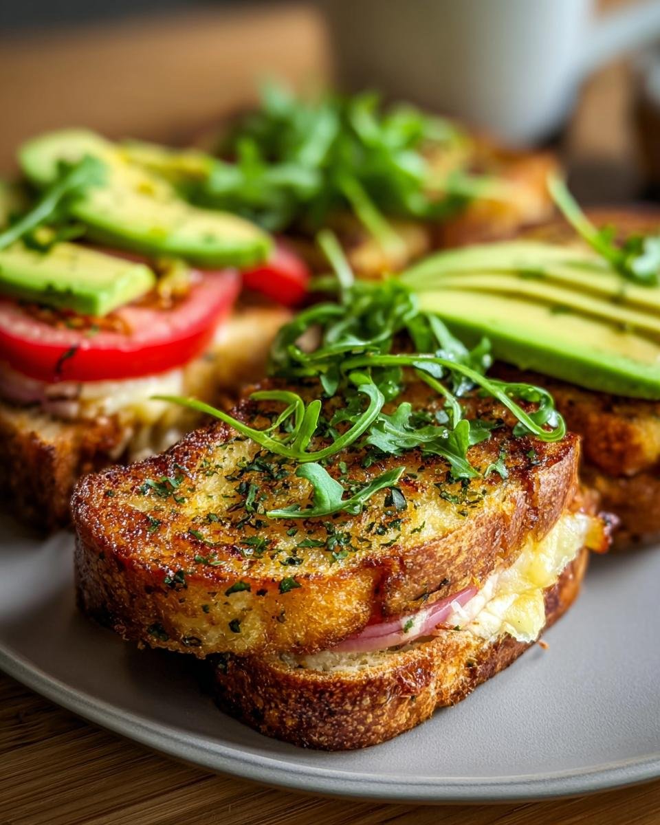 Nahaufnahme von herzhaften French Toast Brötchen, belegt mit geschmolzenem Käse, Avocado und Rucola.