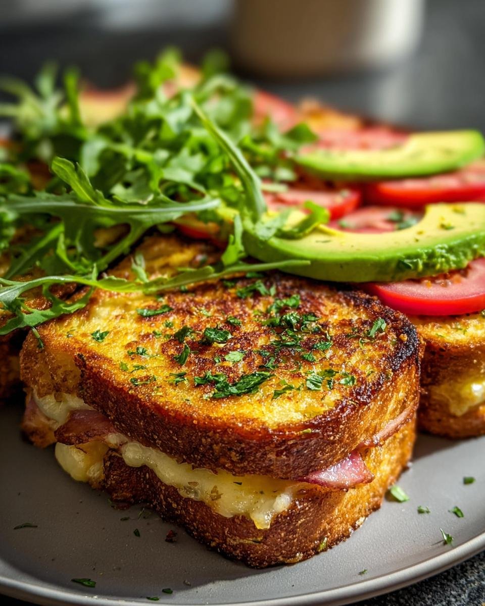 Herzhaftes French Toast Brötchen gefüllt mit geschmolzenem Käse und Schinken, garniert mit Rucola und Avocado.