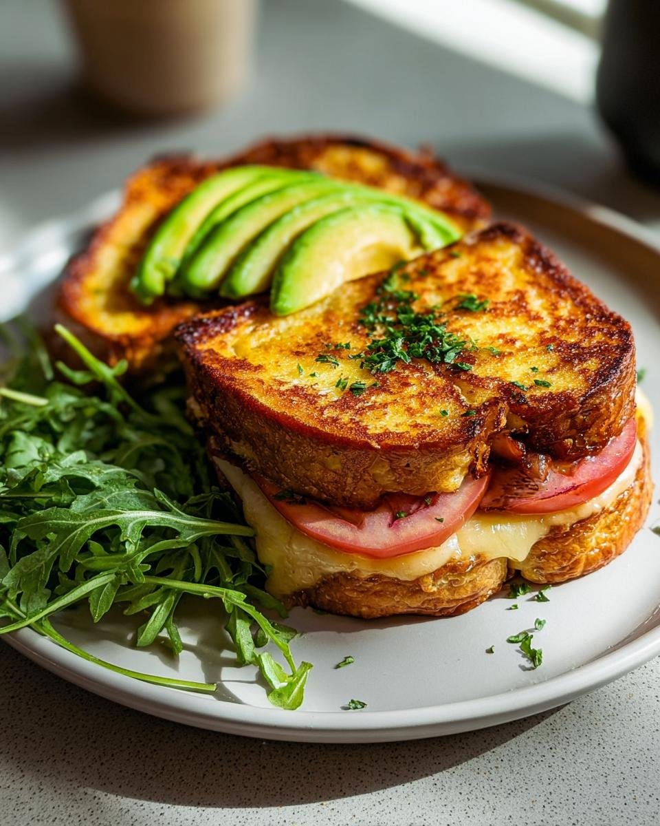 Ein herzhaftes French Toast Brötchen gefüllt mit Käse und Tomate, belegt mit Avocadoscheiben und Rucola.