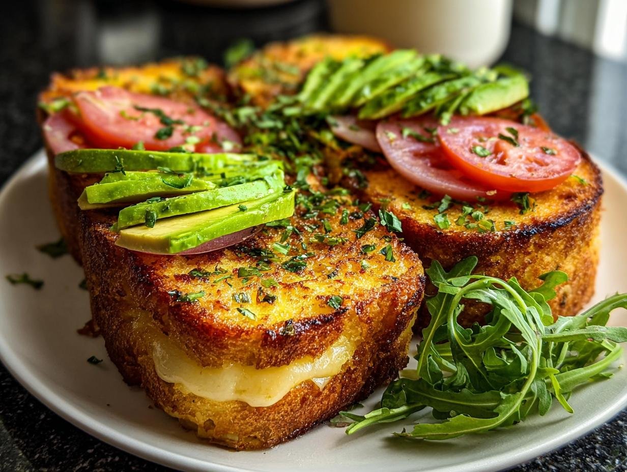 Nahaufnahme von herzhaften French Toast Brötchen, gefüllt mit geschmolzenem Käse und belegt mit Avocado und Tomaten.